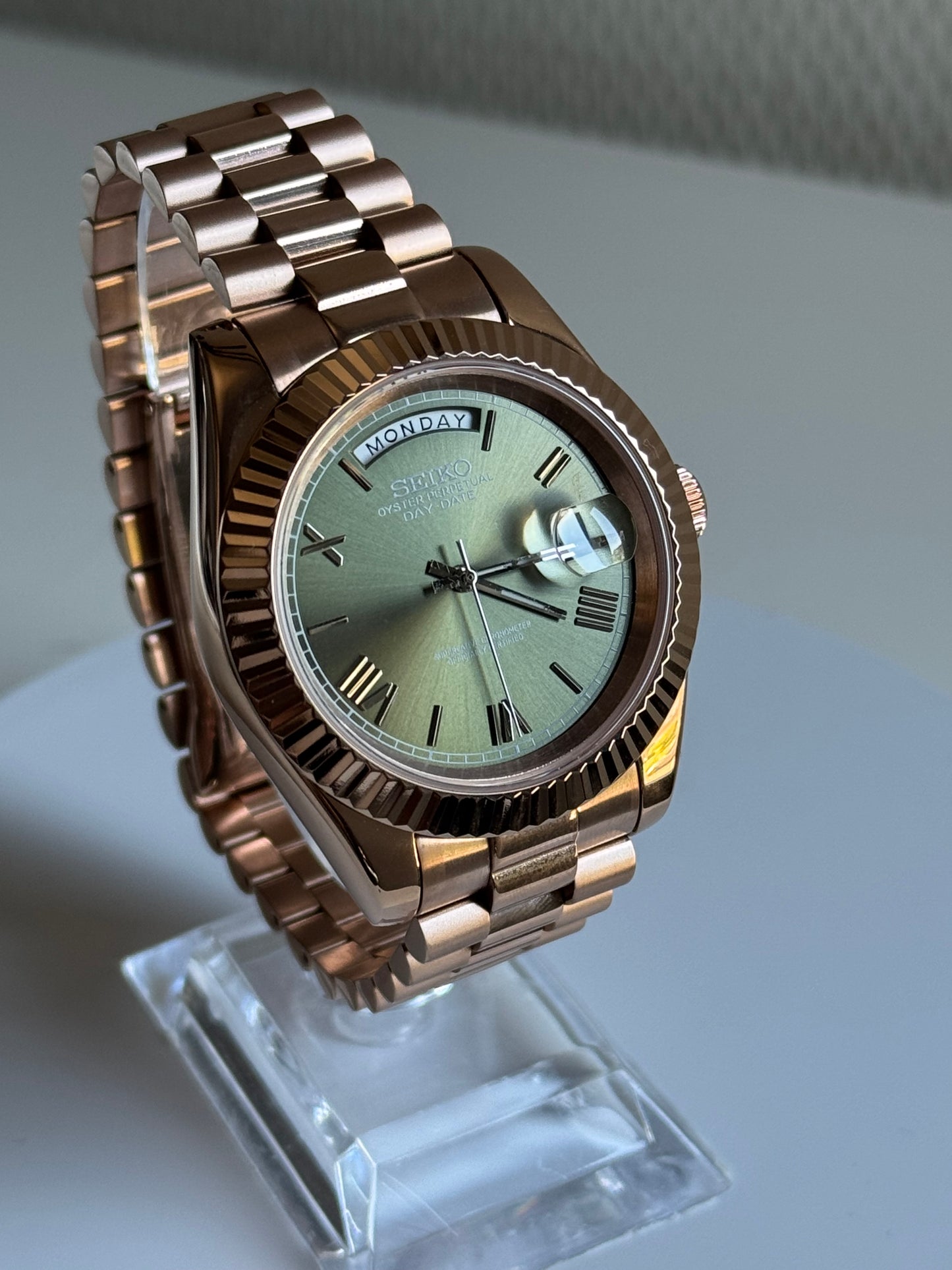 Seiko date mint groen rosé goud
